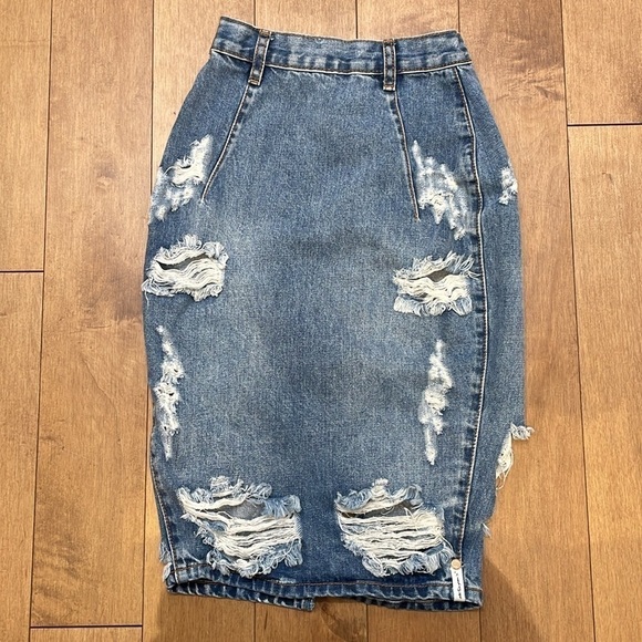 One Teaspoon Freelove Vintage Blue distressed ripped Denim Pencil Skirt 22 - Picture 3 of 8